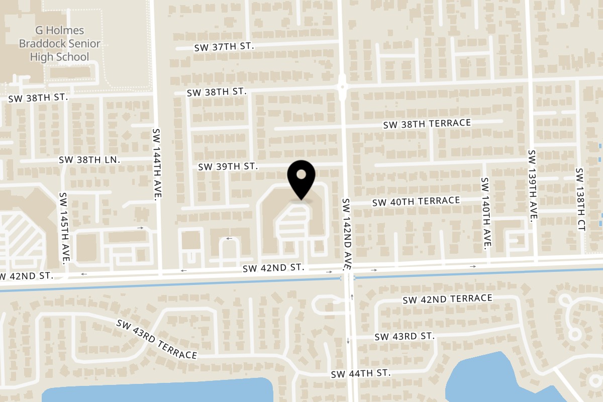 Map showing the location of El Chaman Peruvian Cuisine on 14241 SW 42nd St in Miami